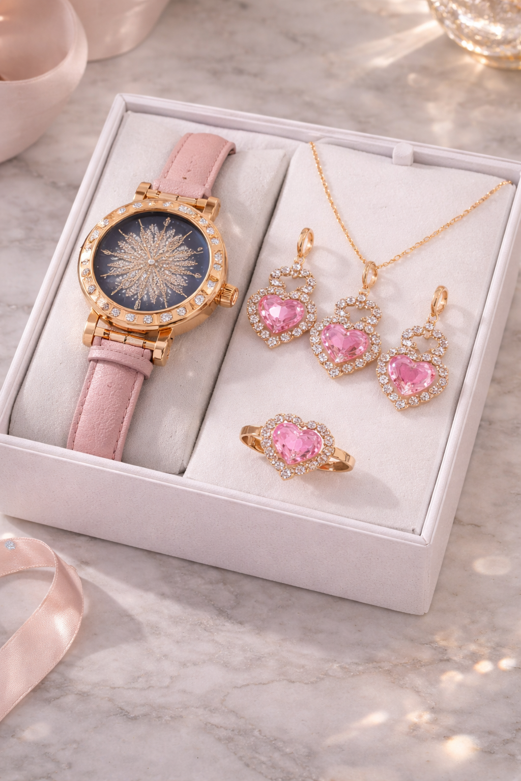 Blush Luxe 4-Piece Jewelry & Watch Set for Women | Pink Luxury Set
